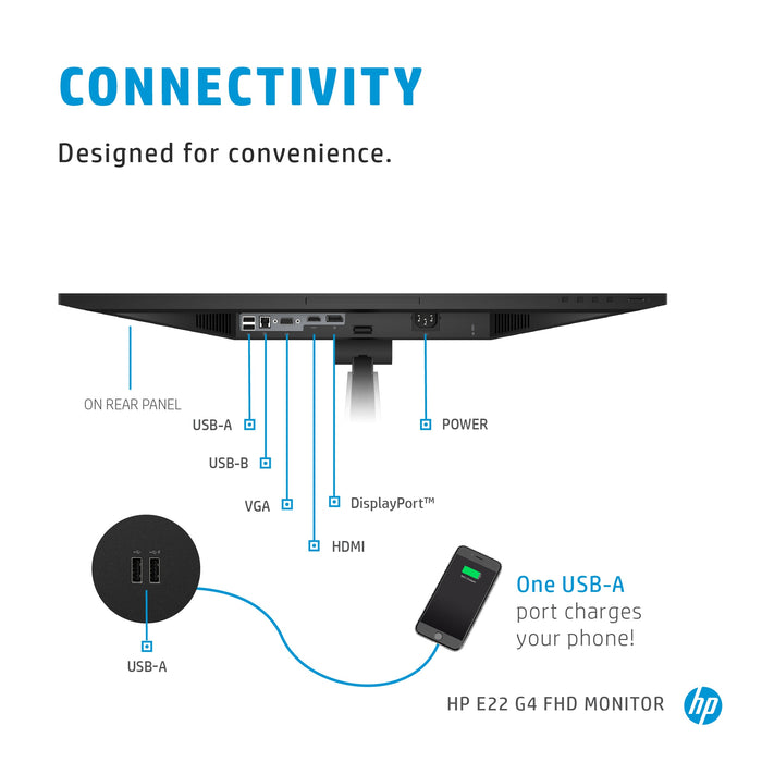 HP E-Series E22 G4, 54.6 cm (21.5"), 1920 x 1080 pixels, Full HD, LCD, 5 ms, Black, Silver