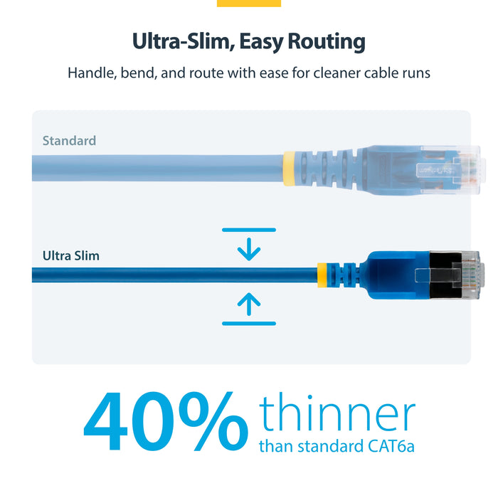 StarTech.com 1m Blue Ultra Slim Cat6A Ethernet Cable, Snagless, FTP, Pure Bare Copper Wire, 34AWG Slim RJ45 Network Patch Cord, Individually Tested, 1 m, Cat6a, U/FTP (STP), RJ-45, RJ-45, Blue