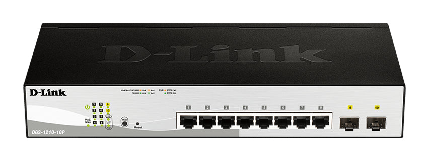 D-Link DGS-1210-10P - 10-Port Gigabit Smart Managed Switch including 2x SFP ports, nuclias compatible, Managed, L2, Gigabit Ethernet (10/100/1000), Power over Ethernet (PoE), Rack mounting, 1U
