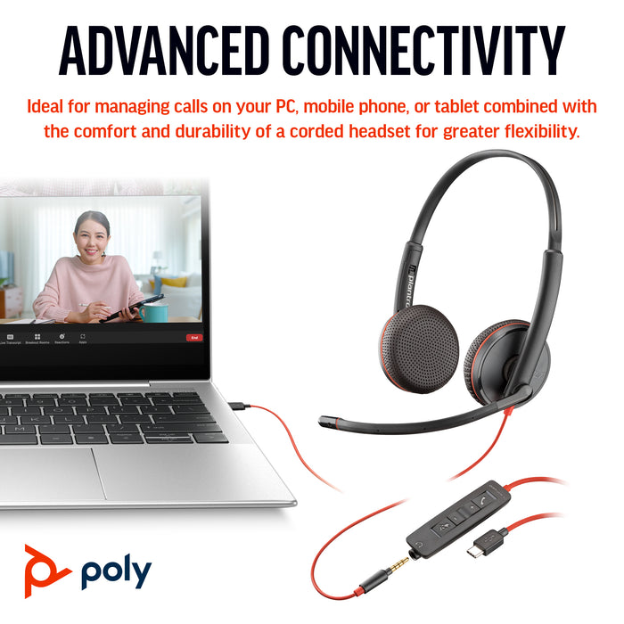HP Poly Blackwire 3225 Stereo USB-C Headset +3.5mm Plug +USB-C/A Adapter, Wired, Office/Call center, 200 - 6800 Hz, 119 g, Headset, Black