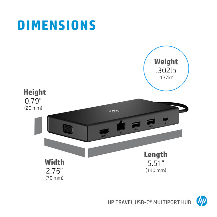 HP Travel USB-C Multi Port Hub, Wired, USB 2.0, Black, MicroSD (TransFlash), SD, China, Compatible with PCs with available USB Type-C port.
