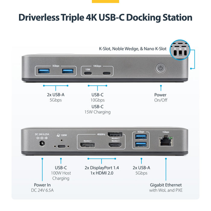 StarTech USB-C Docking Station Triple 4K Displays (2x 4K 60Hz, 1x 4K 30Hz), 100W Power Delivery, 6 USB Ports (10Gbps), Gigabit Ethernet, DisplayPort + HDMI, Driverless Windows Laptop Dock