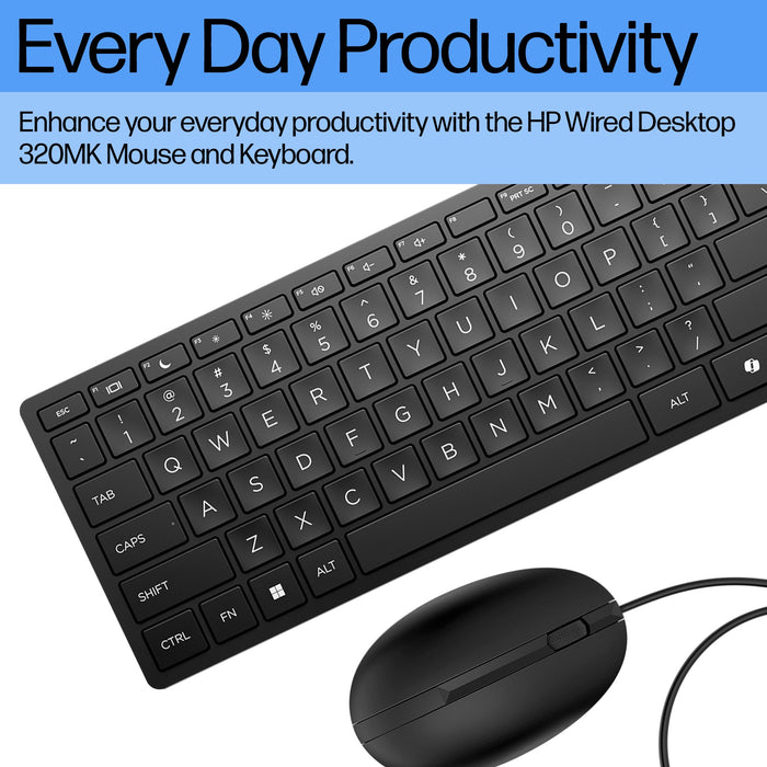 HP Wired Desktop 320MK Mouse and Keyboard, Full-size (100%), Wired, USB, Membrane, Black, Mouse included
