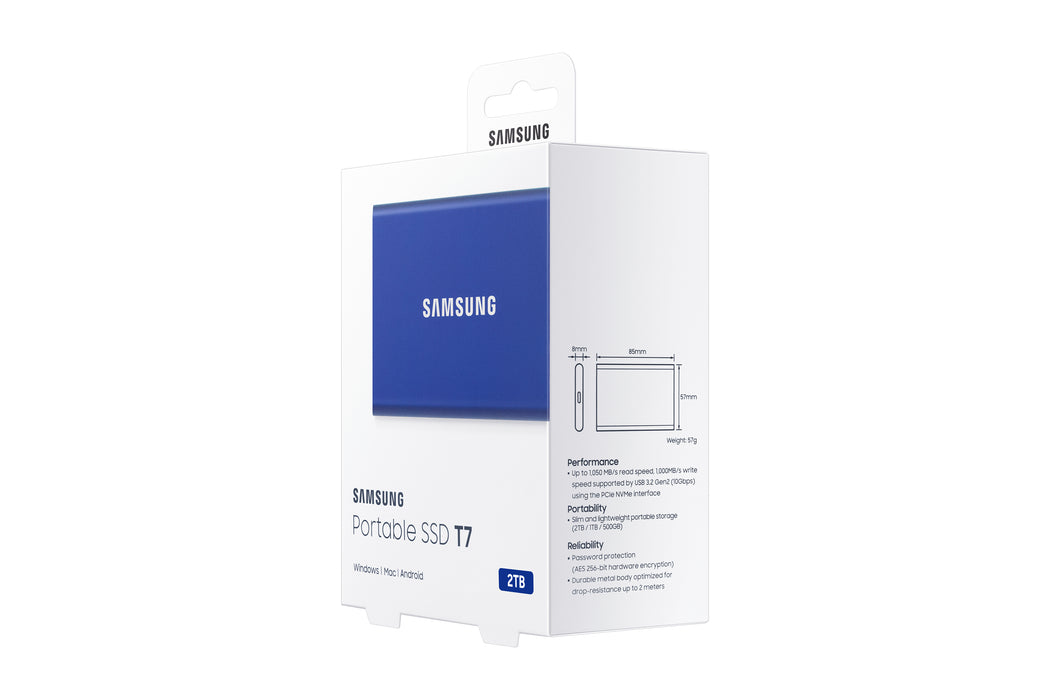 Samsung Portable SSD T7, 2 TB, USB Type-C, 3.2 Gen 2 (3.1 Gen 2), 1050 MB/s, Password protection, Blue