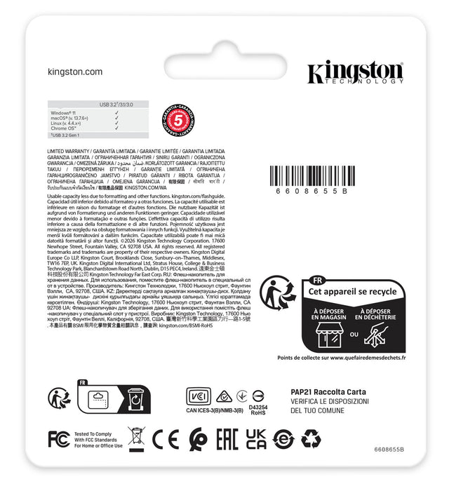 Kingston Technology DataTraveler 128GB Kyson 220MB/s Metal USB 3.2 Gen 1, 128 GB, USB Type-A, 3.2 Gen 1 (3.1 Gen 1), 220 MB/s, Capless, Stainless steel