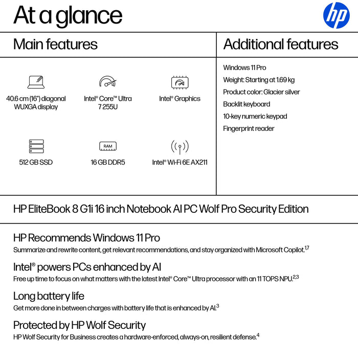 HP EliteBook 8 G1i 16 inch Notebook AI PC Wolf Pro Security Edition, Intel Core Ultra 7, 40.6 cm (16"), 1920 x 1200 pixels, 16 GB, 512 GB, Windows 11 Pro