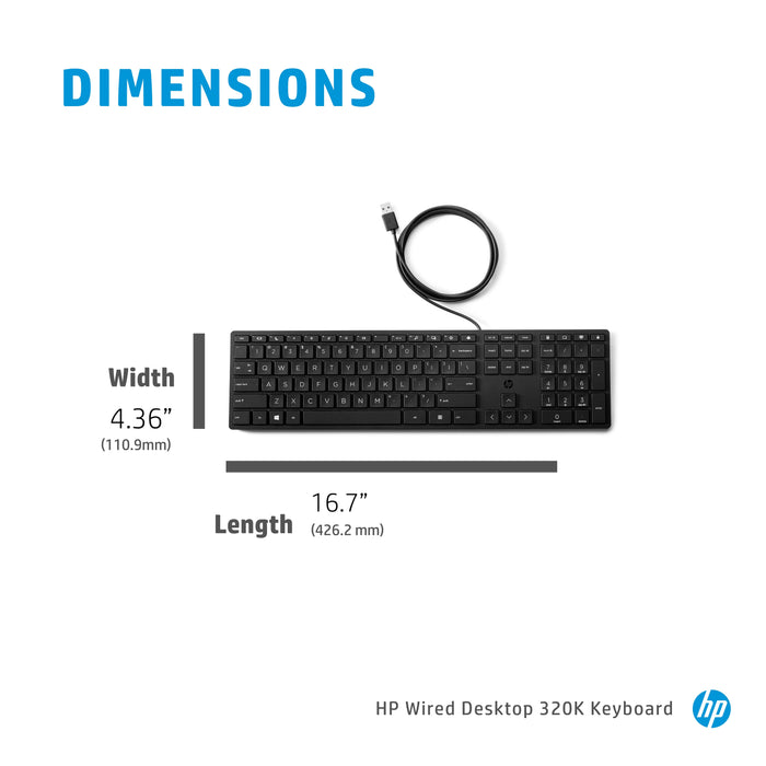 HP Wired Desktop 320K Keyboard, Full-size (100%), Wired, USB, Black