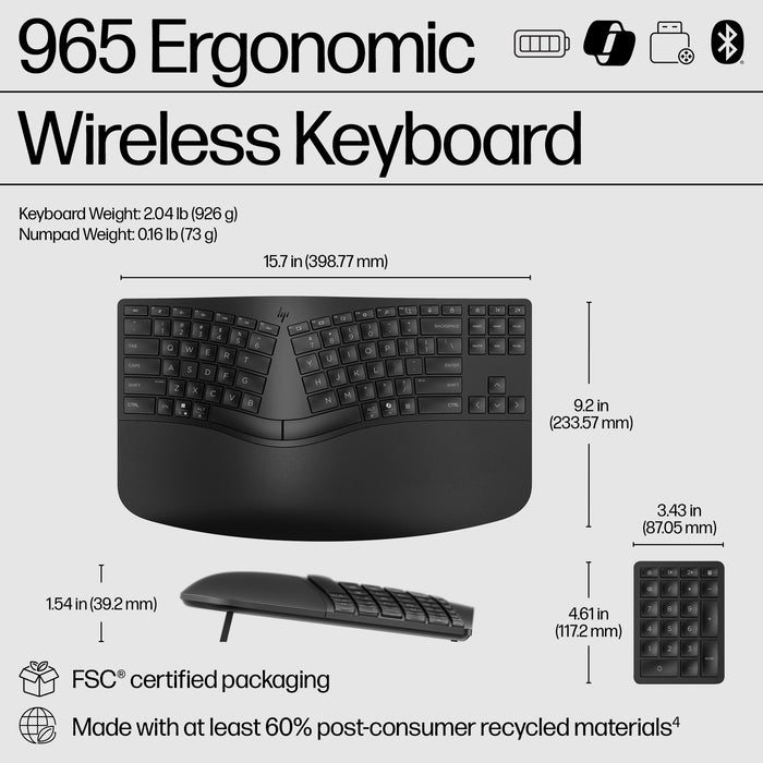 HP 965 Ergonomic Wireless Keyboard, Full-size (100%), Wireless, RF Wireless + Bluetooth, Membrane, Black