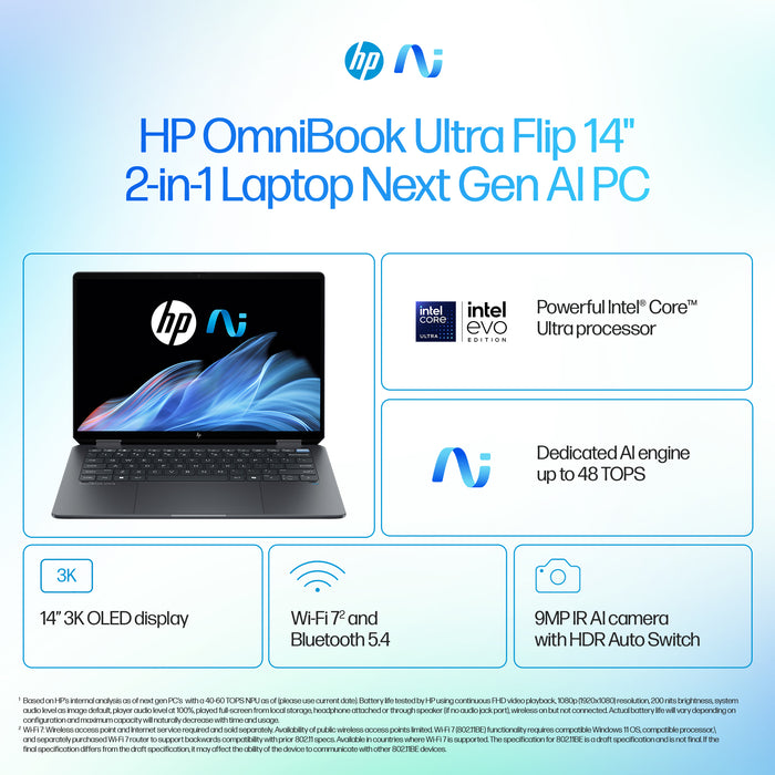 HP OmniBook Ultra Flip 14-fh0004na, Intel Core Ultra 7, 35.6 cm (14"), 2880 x 1800 pixels, 32 GB, 2 TB, Windows 11 Home