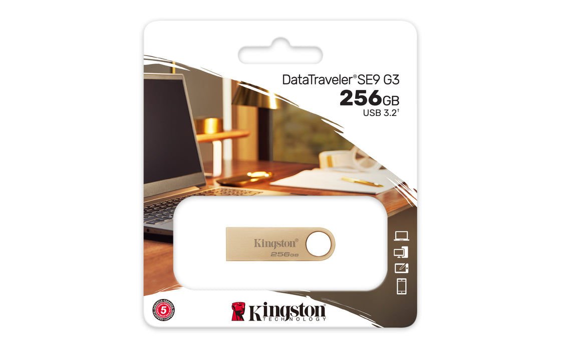 Kingston Technology DataTraveler 256GB 220MB/s Metal USB 3.2 Gen 1 SE9 G3, 256 GB, USB Type-A, 3.2 Gen 1 (3.1 Gen 1), 220 MB/s, Capless, Gold