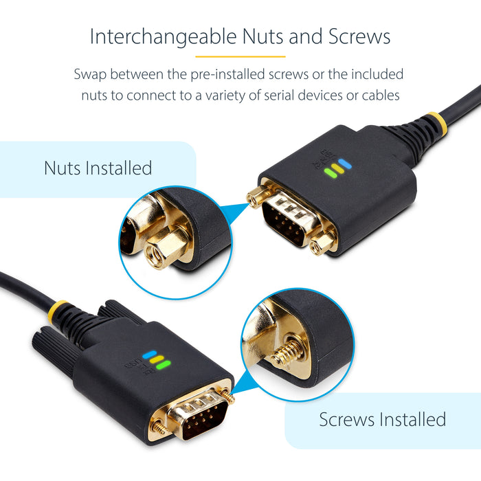 StarTech.com 6.6ft (2m) USB to Serial Adapter Cable, COM Retention, Interchangeable Screws/Nuts, USB-A to DB9 RS232, FTDI IC, ESD Protection, Windows/macOS/Linux, Black, 2 m, USB Type-A, DB-9, Male, Male