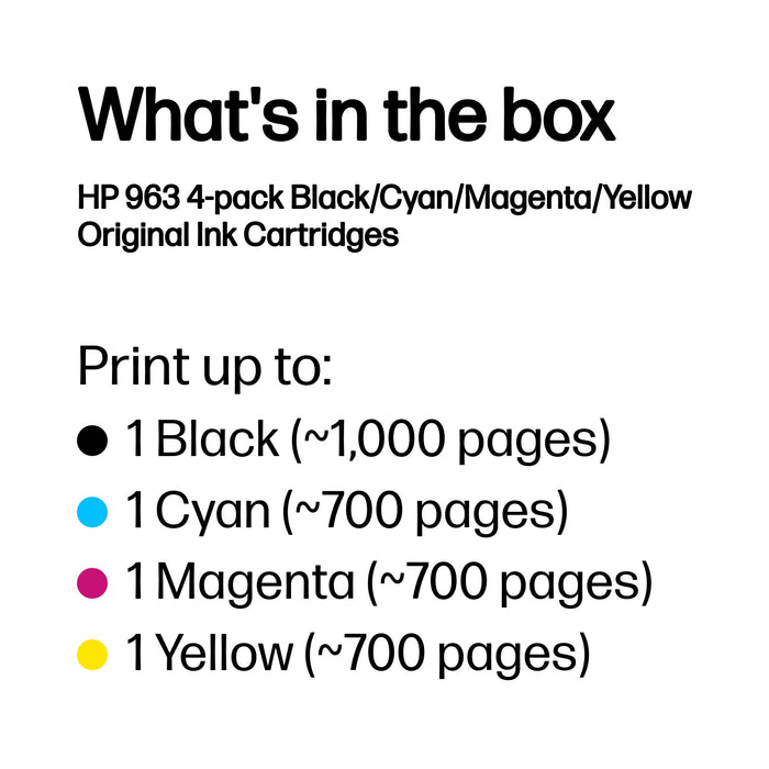 HP 963 4-pack Black/Cyan/Magenta/Yellow Original Ink Cartridges, Standard Yield, Black, Cyan, Magenta, Yellow, Pigment-based ink, Pigment-based ink, 47.86 ml, 5 pc(s)