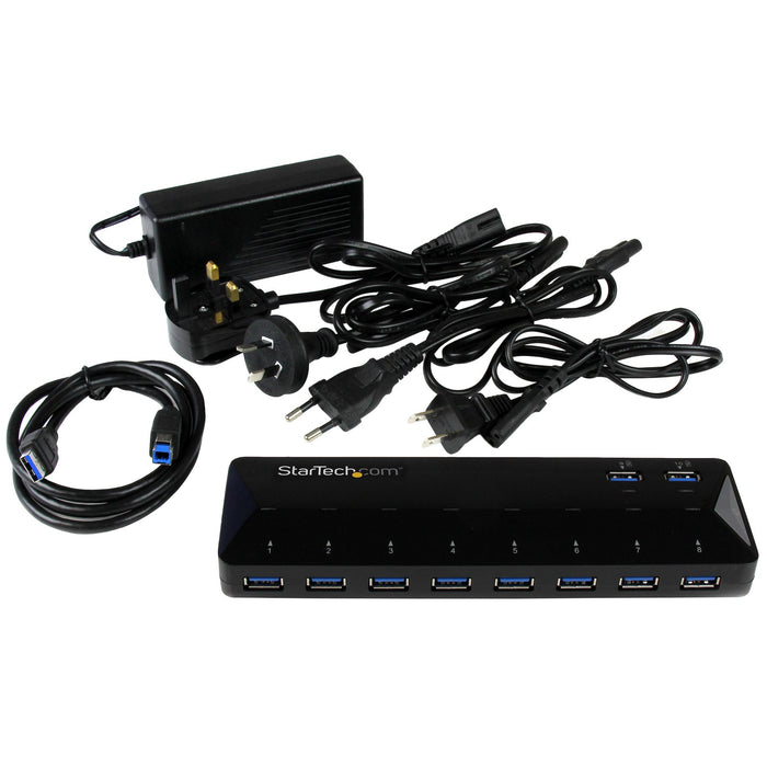 StarTech.com 10-Port USB 3.0 Hub with Charge and Sync Ports - 5Gbps - 2 x 1.5A Ports, USB 3.2 Gen 1 (3.1 Gen 1) Type-B, USB 3.2 Gen 1 (3.1 Gen 1) Type-A, 5000 Mbit/s, Black, Plastic, Status
