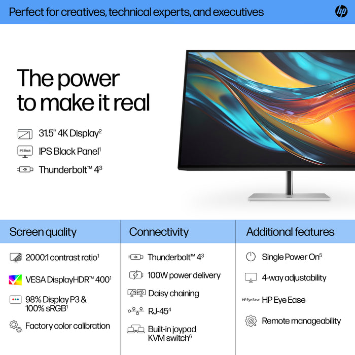HP Series 7 Pro 31.5 inch 4K Thunderbolt 4 Monitor - 732pk, 80 cm (31.5"), 3840 x 2160 pixels, 4K Ultra HD, LCD, 5 ms, Black, Silver