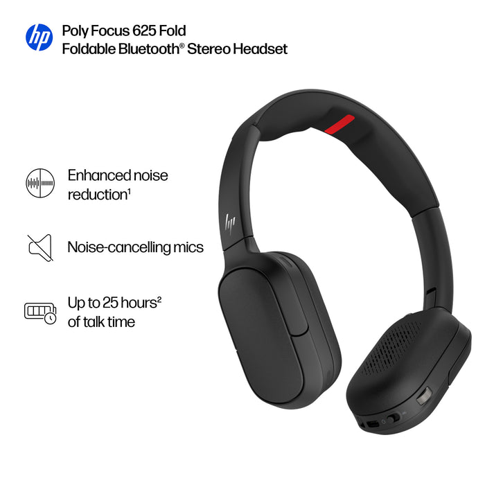 HP Poly Focus 625 Fold Stereo Bluetooth USB-C Headset, Wired & Wireless, Business/Everyday, 208 g, Headset, Black