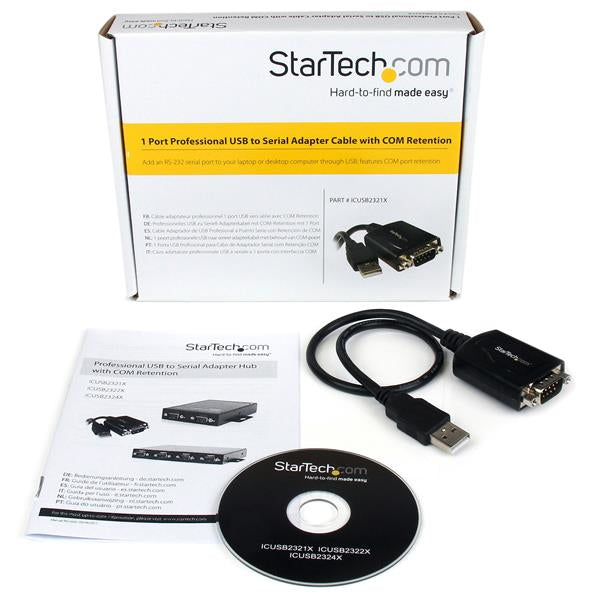 StarTech.com 1ft (30cm) 1-Port Professional USB to Serial Adapter Cable with COM Retention, USB to RS232 Adapter - TAA, DB-9, USB 2.0 A, 0.42 m, Black
