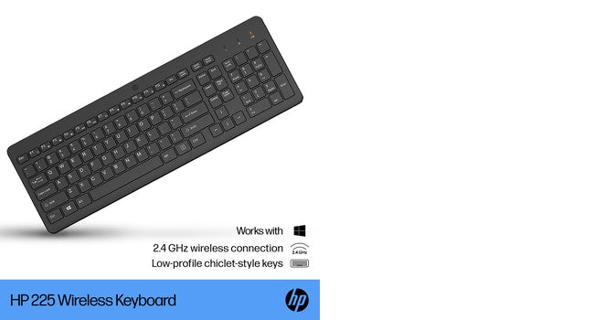 HP 225 Wireless Keyboard, Full-size (100%), RF Wireless, Black
