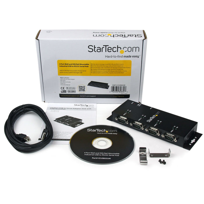 StarTech.com 4 Port USB to DB9 RS232 Serial Adapter Hub – Industrial DIN Rail and Wall Mountable - TAA, USB 2.0 Type-B, Serial, Black, Steel, Activity, USB