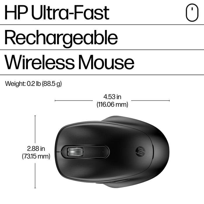 HP 515 Ultra-Fast Rechargeable Wireless Mouse, Ambidextrous, RF Wireless, 4000 DPI, Black