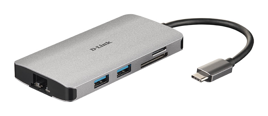 D-Link 8-in-1 USB-C Hub with HDMI/Ethernet/Card Reader/Power Delivery, Wired, USB 3.2 Gen 1 (3.1 Gen 1) Type-C, 100 W, IEEE 802.3, IEEE 802.3ab, IEEE 802.3u, IEEE 802.3x, Aluminium, MicroSD (TransFlash), SD, SDHC, SDXC