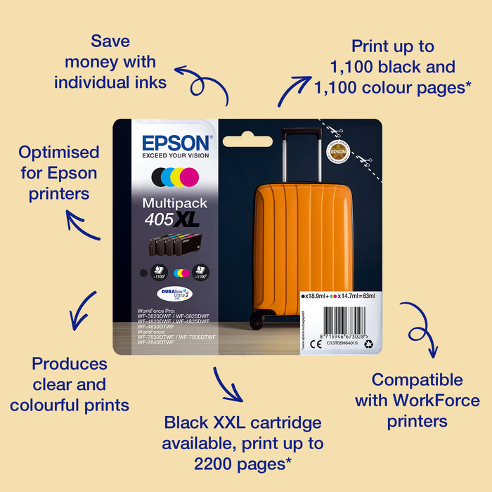 Epson Singlepack Black 405XL DURABrite Ultra Ink, High (L) Yield, Black, Pigment-based ink, 18.9 ml, 1 pc(s), Single pack