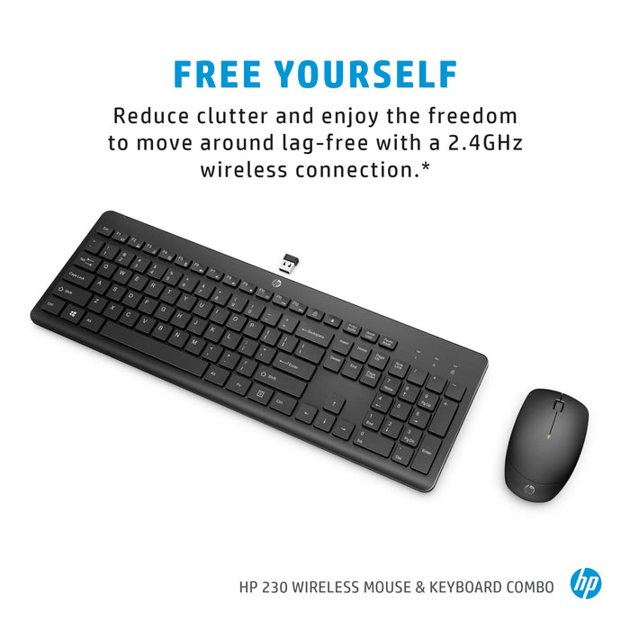 HP 230 Wireless Mouse and Keyboard Combo, Full-size, Wireless, RF Wireless, Membrane, Black, Mouse included