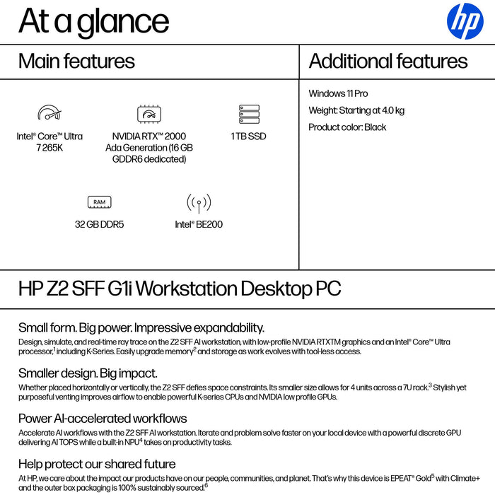 HP Z2 SFF G1i, Intel Core Ultra 7, 265K, 32 GB, DDR5-SDRAM, 1 TB, Windows 11 Pro