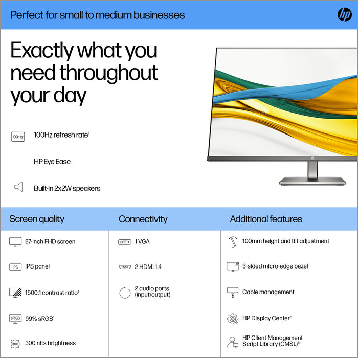 HP Series 5 27 inch FHD Monitor - 527da, 68.6 cm (27"), Full HD, LCD, 5 ms, Black